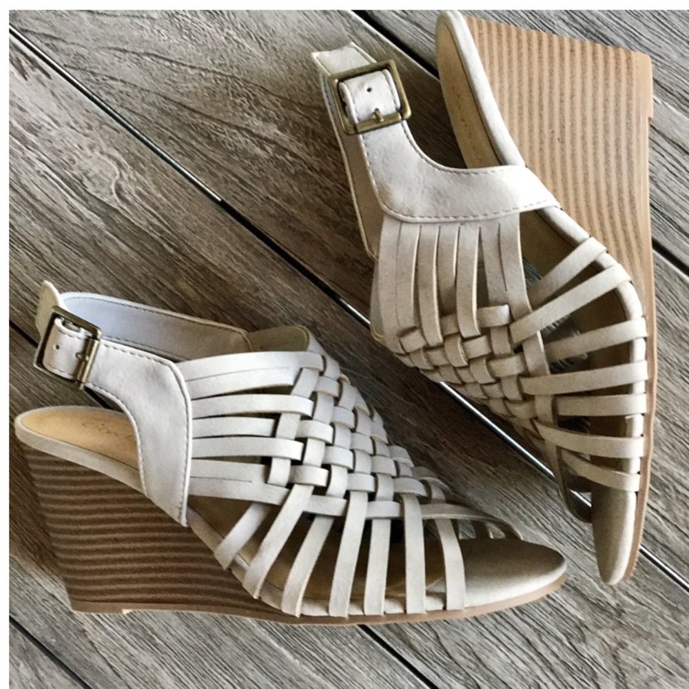 Grey sling back wedges